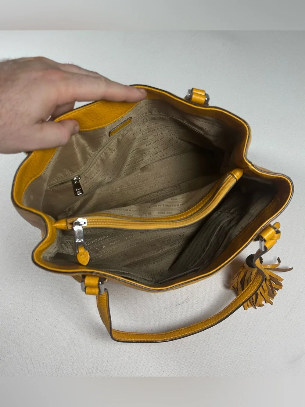 Lauren Ralph Lauren Leather Satchel Pebbled Tassel Charm Mustard Yellow Bag